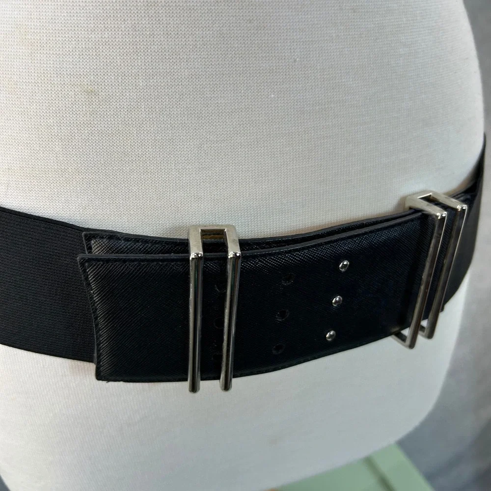 WCM New York Womens‎ Black Wide Belt Elastic Silver Buckle Statement Size L / XL